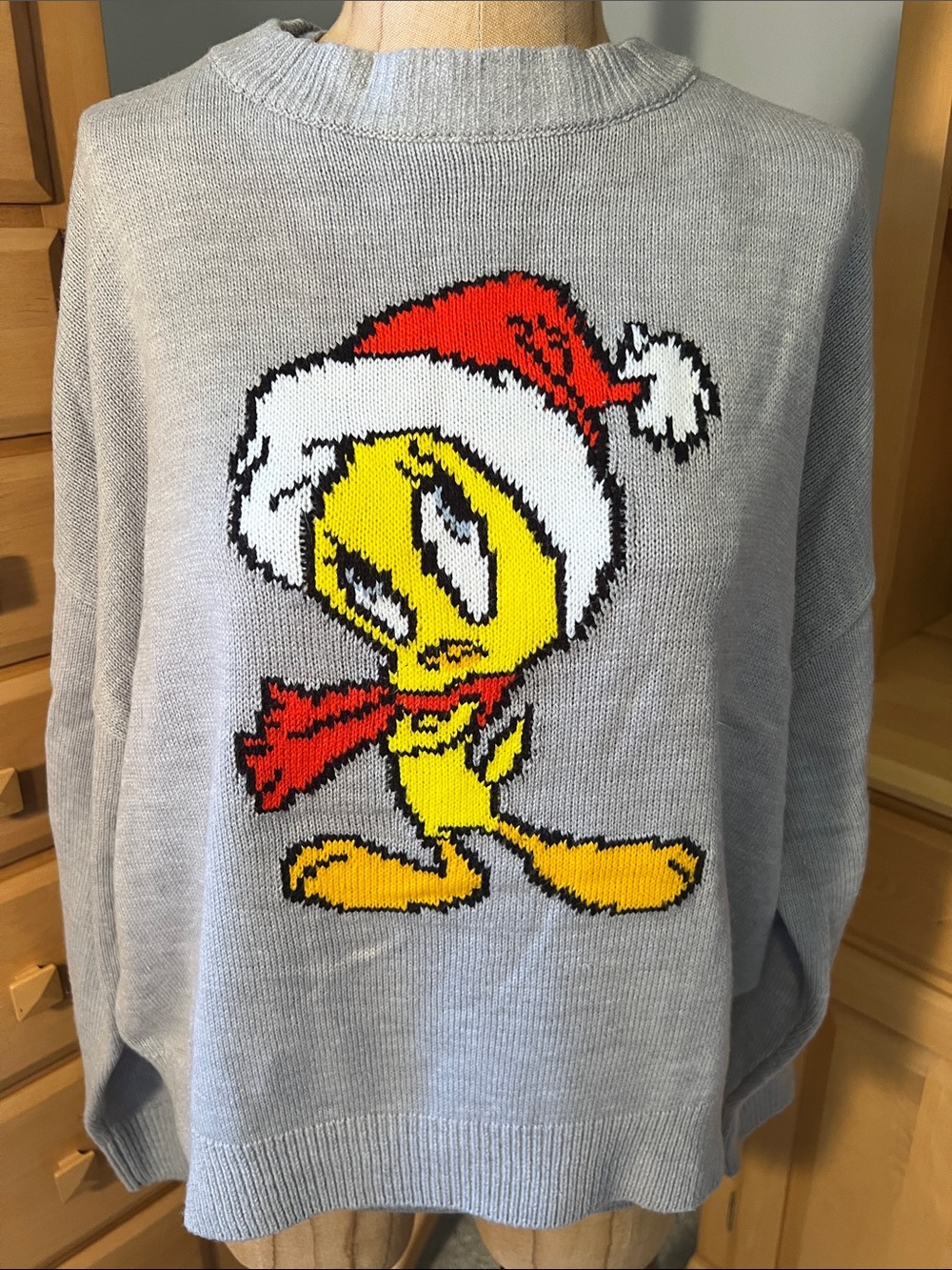 Light Gray Tweety Graphic Holiday Crewneck Sweater